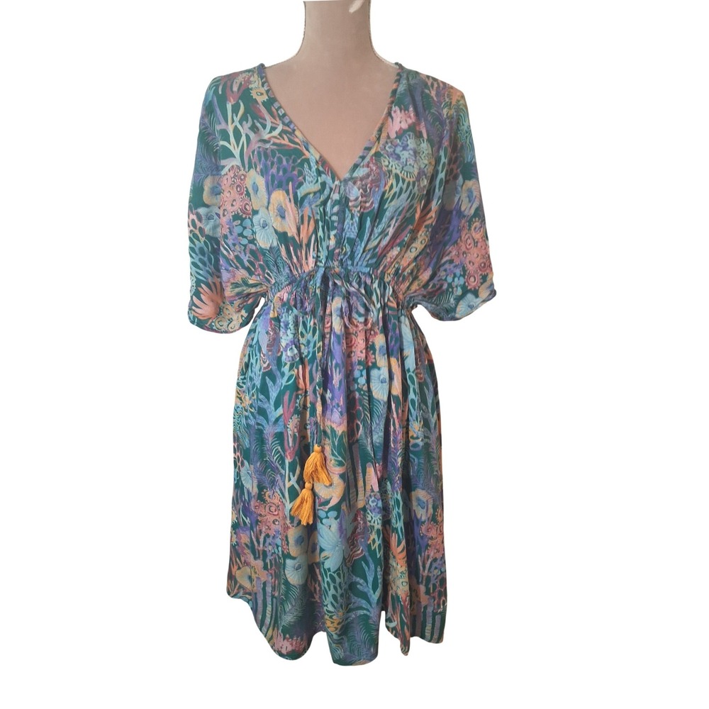 World Market Coral Reef Print Boho Tassel Mini Dress Green L/XL Rayon Flaw